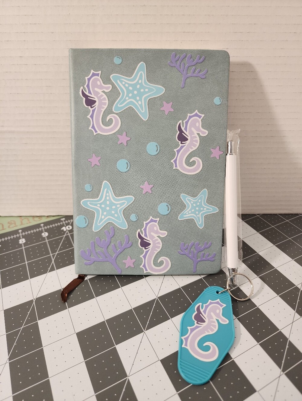Sea Life Seahorse Journal with Pen and Keychain- Gray, Lavender, Turquoise